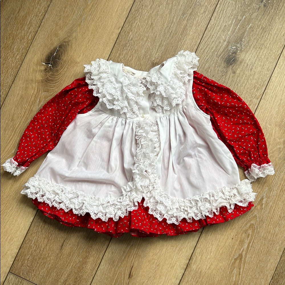 Vtg BRYAN 18 Months Girl Toddler Baby Floral Dress Red White w Lace READ MORE - Picture 9 of 11